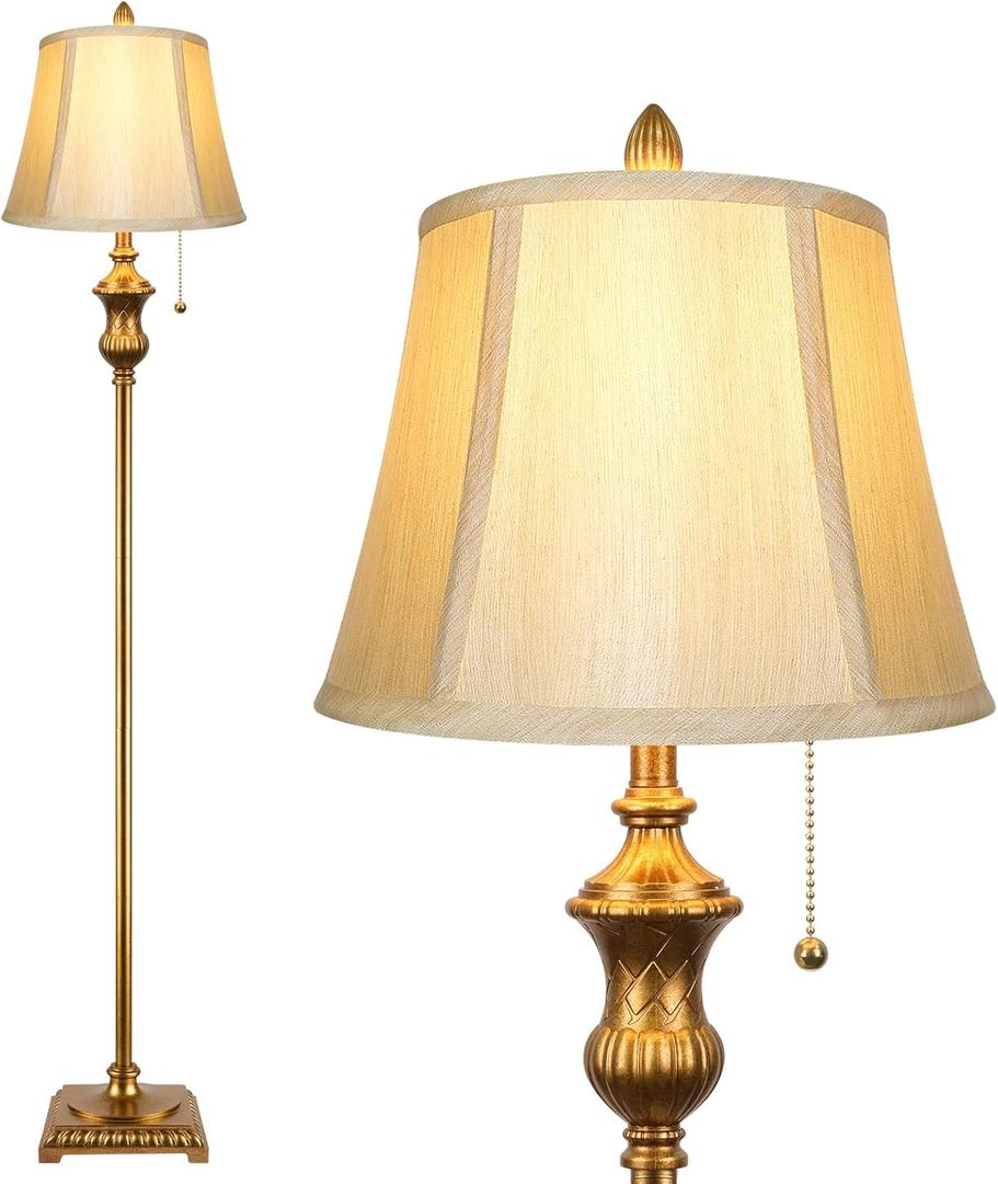 Gold Vintage Floor Lamp for Living Room, Traditional Mid-century Floor Lamp with Elegant Silk Fabric Lampshade, 64inch Tall Standing Lamp Bedroom LED Pole Lamp, Retro Stand Up Lamp for Home Office