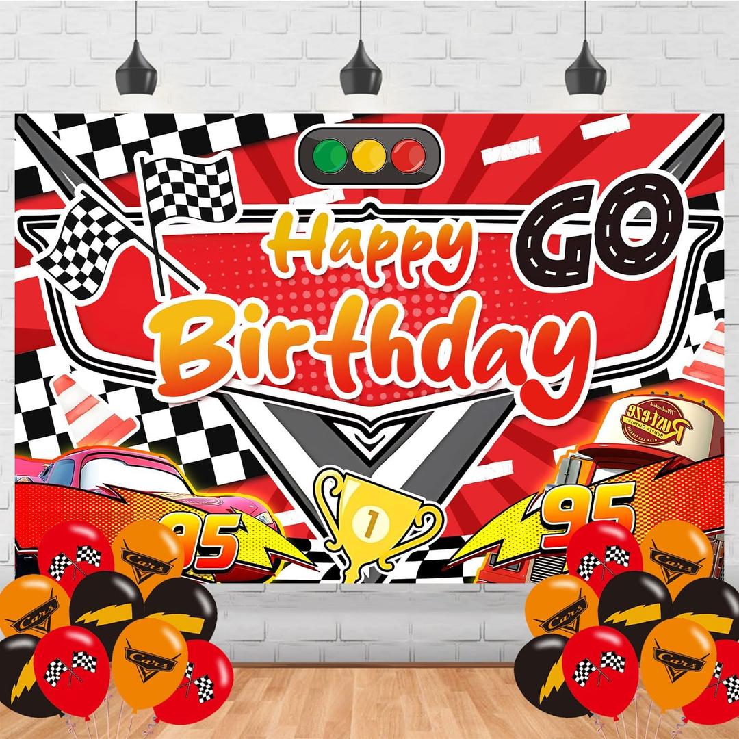 Lightning Car Happy Birthday Backdrop Lightning Car Banner Poster for Cartoon Car Theme Party Decorations Birthday Supplies Background Studio Shoot Photo Props Booth