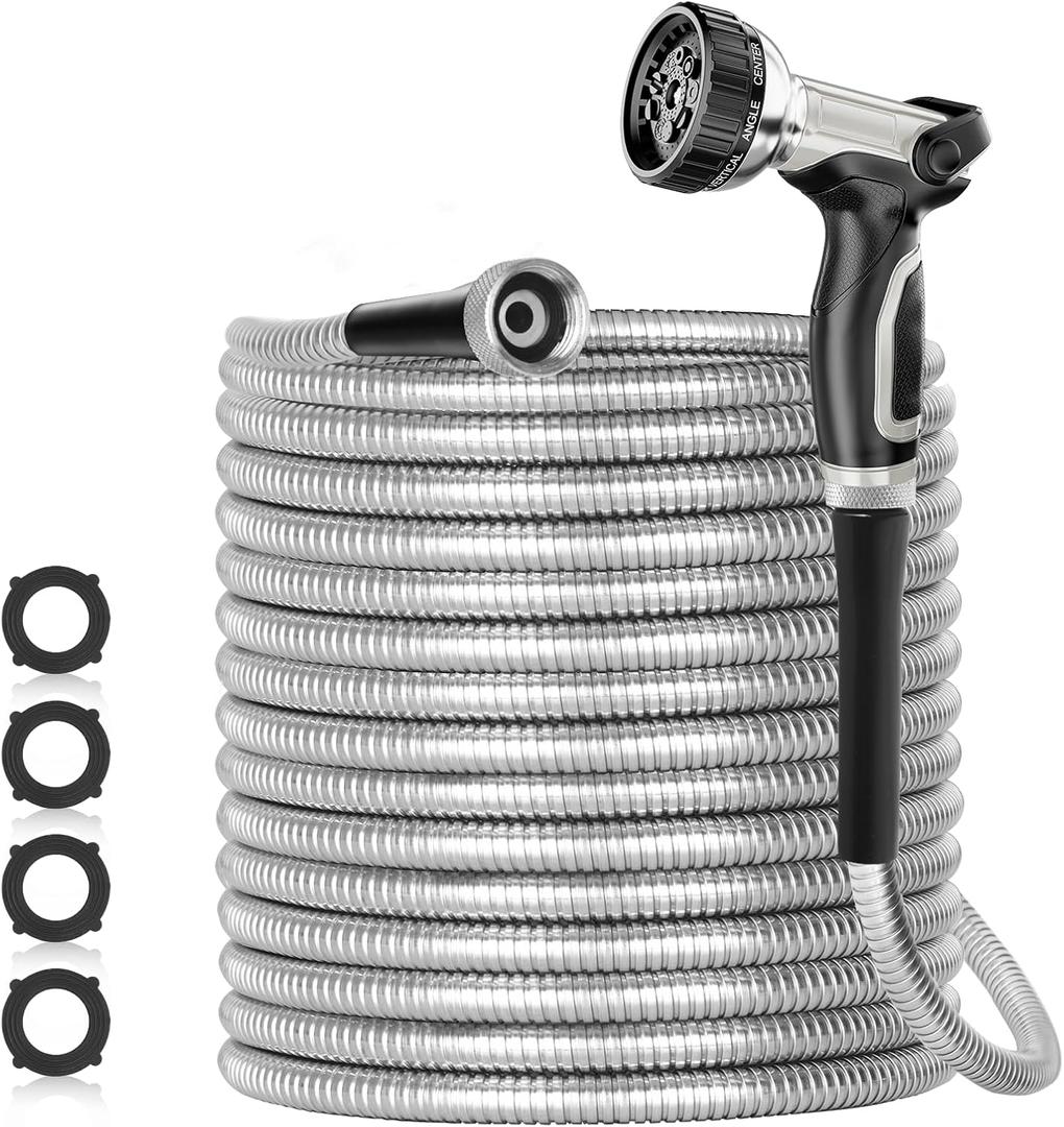 50ft 304 Stainless Steel Garden Hose Metal, Heavy Duty Water Pipe with Nozzles for Yard, Outdoor - Flexible, Never Kink & Tangle, Puncture Resistant (Sliver) (50 ft)