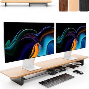 KIVY Dual Monitor Riser With Integrated Metal Shelf [MADE BY HAND] - Wooden Desk Shelf for 2 Monitors - Wide Long Stand for Desk (44 x10x3in - Oak)