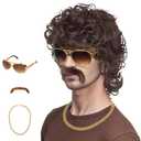 70s Wigs for Men Disco Wig for Halloween Party Short Brown Feathered Hair with Glasses Gold Necklace Mustache