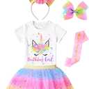 Doctor Unicorn Girls Birthday Costume Outfit Set Pink Yellow Blue Tutu, Unicorn Shirt, Headband, Hair Bow & Birthday Sash (4-5T)
