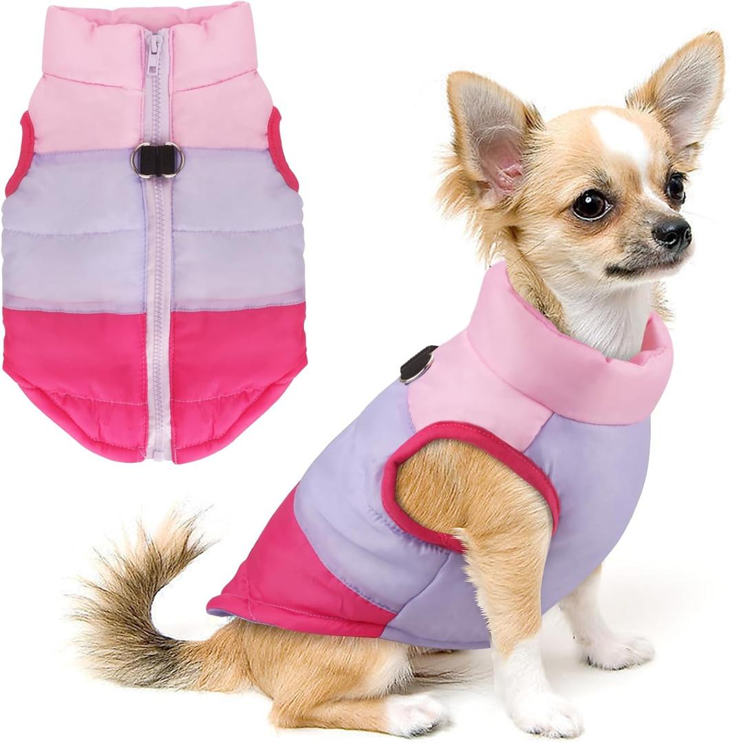 Idepet Dog Winter Coat with Leash Pet Cat Anchor Color Patchwork Padded Puppy Vest Jacket Teddy Chihuahua Costumes Pug Cloth XS S M L (Large (Pack of 1), Rose Red)