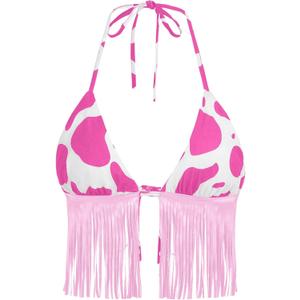 Women Western Cowgirl Fringe Top - Country Concert Outfits Sexy Halter Cow Print Festival Rodeo Rave Tank Shirt (Cow Pink White, XS)