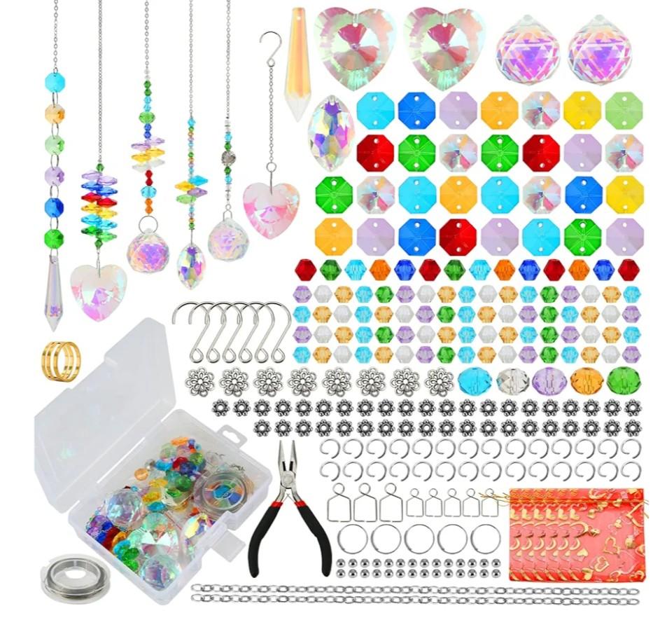 Worgree 460pcs DIY Suncatcher Making Kits for Adults Crystal Sun Catcher Arts and Crafts Supplies Set with Colorful Crystals Beads Rainbow Maker Prism for Windows Hanging Indoor Outdoor Garden Decor