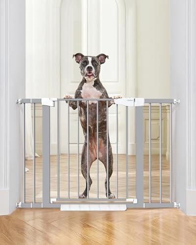 Cumbor 29.7-46" Baby Gate for Stairs, Gifts for Mom-Auto Close Dog Gate for The House, Easy Install Pressure Mounted Pet Gates for Doorways, Easy Walk Thru Wide Safety Gate for Dog, Gray