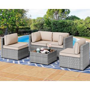 Shintenchi 5 Pieces Outdoor Patio Furniture Sets, Patio Sectional Sofa Couch, Gray PE Wicker Furniture Modular Patio Conversation Sets Patio Sofa with Washable Cushions & TableKhaki