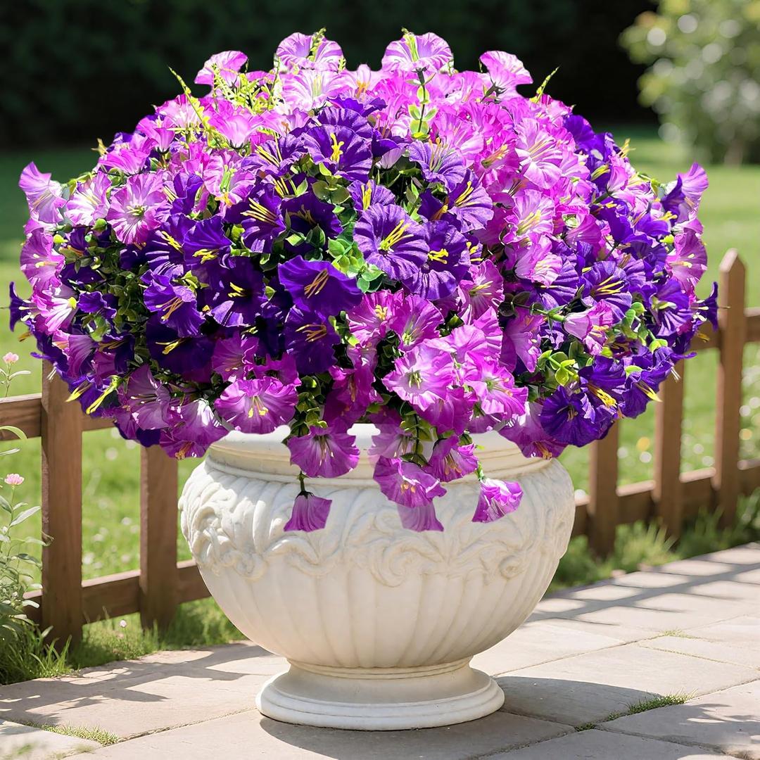 Artificial Fake Flowers for Outdoor Decor, 24 Bundles Silk Colorful Morning Glory with Eucalyptus UV Resistant Realistic Faux Flower for Planter Front Door Porch Yard Patio Balcony,Purple+Light purple