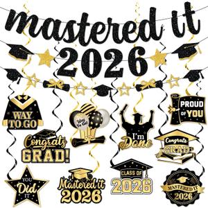 Black and Gold Masters Graduation Decorations 2026, Mastered It 2026 Banner and Congrats Grad Hanging Swirls Decorations, Class of 2026 Hanging Swirls for High School Graduation Party Supplies