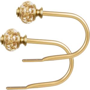 2 Pack Gold Curtain Holdbacks, USFOOK Decorative Drapery Tiebacks (2 Pack/1 Pair), Curtain Tie Back Hooks for Wall with Translucent Finials (6.1" L x 4.1" W) (Large(2 pack))