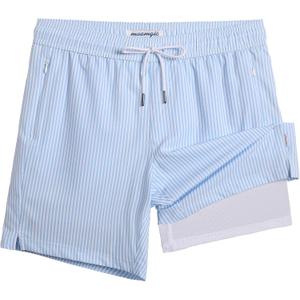 maamgic 2 in 1 Mens Swim Trunks 7 Inch Swim Shorts Swim Suits Board Shorts (Small, Blue Stripe-white)
