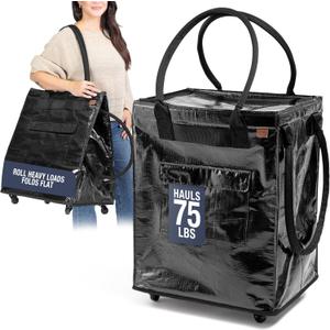 CleverMade Hauler Rolling Tote Bag, 90L Collapsible Portable Shopping Cart with Wheels for Groceries, Laundry, Organization