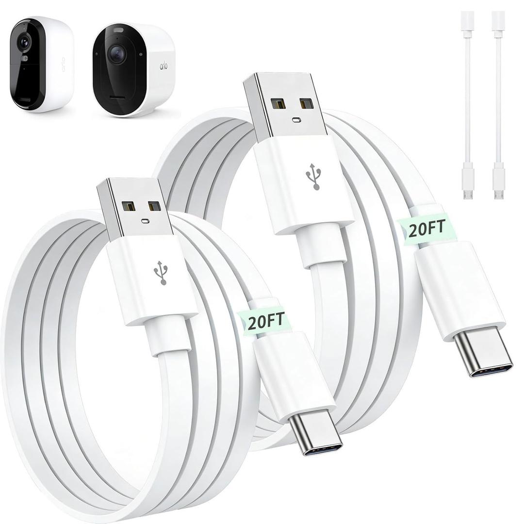 20FT Charging Cable Compatible with Arlo Essential 2K, Alro Essential 2nd Gen/(3rd Gen) , Arlo Pro 6,Arlo Pro/Pro2,Flat Charging Cable,Long Flat USB C Extension Cable with Micro USB Cord--2Pack