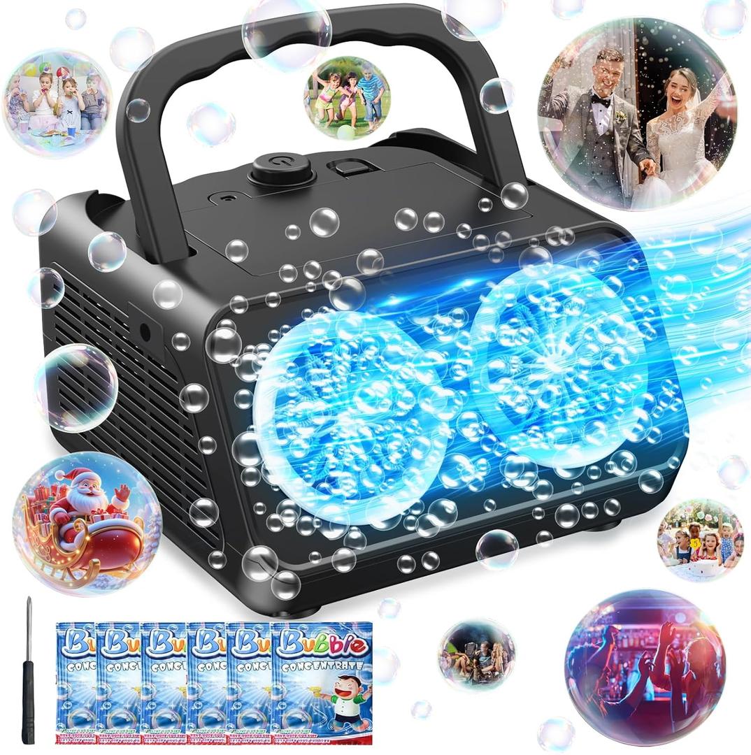 Bubble Machine,Upgraded Automatic Bubble Blower,Portable Bubbles Maker with 2 Fans,20000+ Bubble per Minutes, Bubble Blower Powered by Plugin/Battery for Indoor Outdoor Xmas Party Birthday Wedding