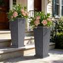 24" Tapered Tall Planters for Outdoor Plants with Tray&Shelf, Gray, 23.6"H x 10.2"W x 10.2"W