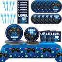 Video Game Party Supplies Tableware Set for 24 Guests Gaming Party Birthday Plates Blue Gamer Party Decorations Includes Plates, Napkins, Tablecloths