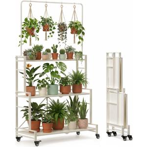 DEANIC Plant Stand, 4-Tier Foldable Plant Shelf with 3 Shelves and Hanging Rod, Rolling Plant Stand with Wheels, Pre-Assembled Flower Pot Stand for Indoor , Sturdy Anti-Tip Plant Rack (White)