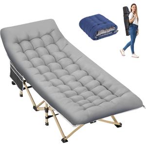 Folding Camping Cot for Sleeping, Portable Cots for Adults, Heavy Duty Cot Bed 550LBS(Max Load), Extra Wider Cots with Large Pocket for Outdoor, Office, Beach (Stripe Grey(with Mattress))