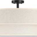 2 Tier 28" Cream Fabric Drum Shade Black 6 Light Semi-Flush Mount Light