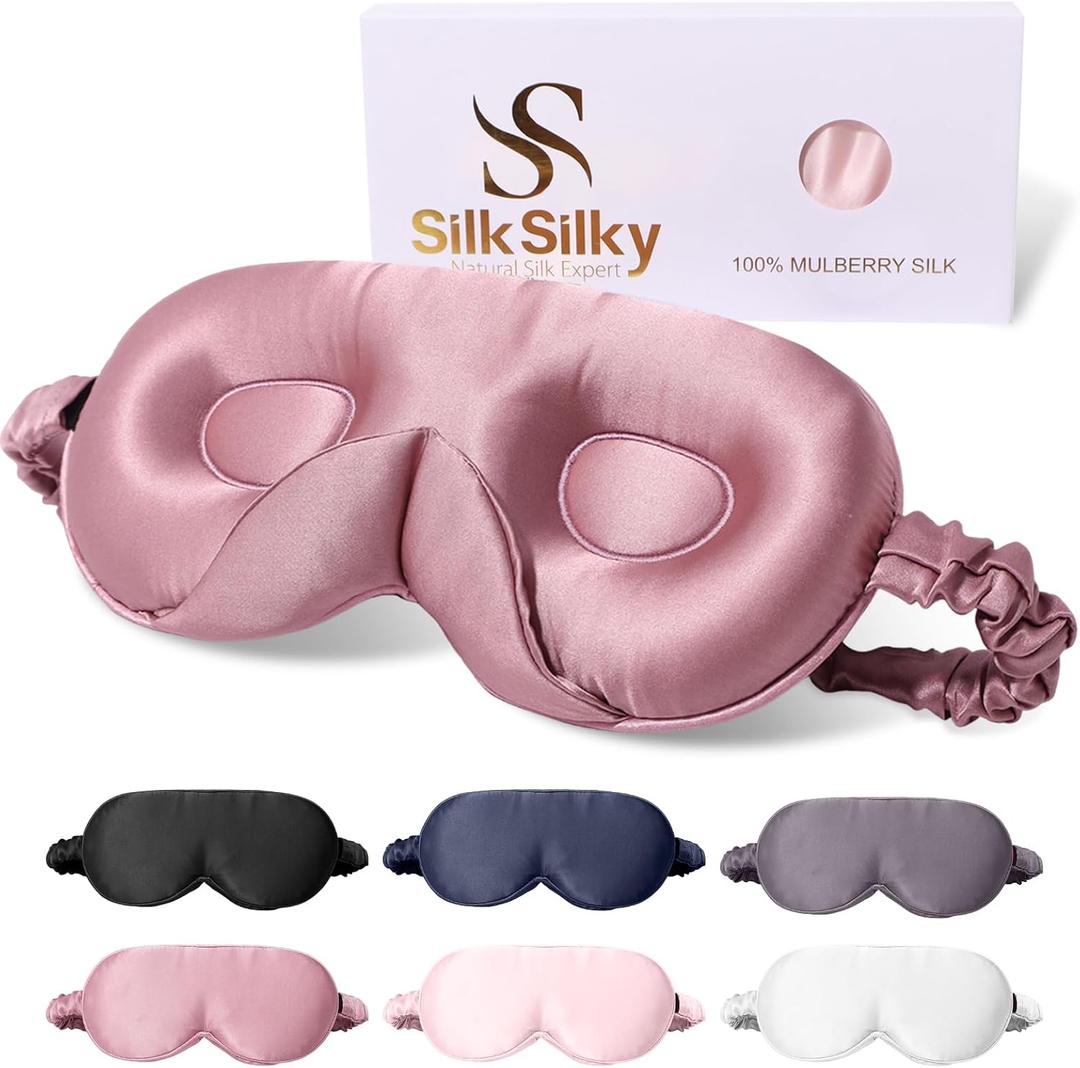 SilkSilky 100% 22 Momme Mulberry Silk Sleep Mask Upgraded 3D Contoured Eye Mask with Nose Wing Pads & Adjustable Strap, Luxury Blackout Eye Cover for Women & Men (Pale Mauve)