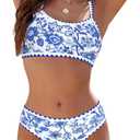 SHEKINI Women's Bikini Sets Floral Print Whip Stitch Color Block Two Piece Swimsuits High Waisted Tie Back Bathing Suits (Medium, Blue Iris Flower)