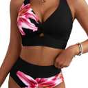 Herseas Women's 2 Piece Bikini Sets Twist Front Top Lily Print Swimsuits High Waisted Bathing Suit Beach Summer Swimwear (Black, M)