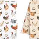 Farmhouse Chicken Print Kitchen Dish Towels Set of 2 - Rustic Hen and Egg Design - Decorative Cotton Tea Towels for Cooking, Drying, and Baking, Farm Animal Kitchen Decor