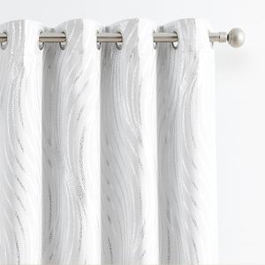 100% Blackout Curtains White and Silver Foil Pattern Curtains 63 Inches Long for Bedroom Metallic Silver Wave Print Drapes for Living Room Thermal Insulated Grommet Window Curtains 2 Panel Set
