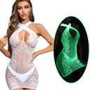 FasiCat Sexy Lingerie for Women Mesh Lingerie Backless Fishnet Minin Dress Glow in The Dark Lingerie Babydoll Halter Chemise Pack of 2