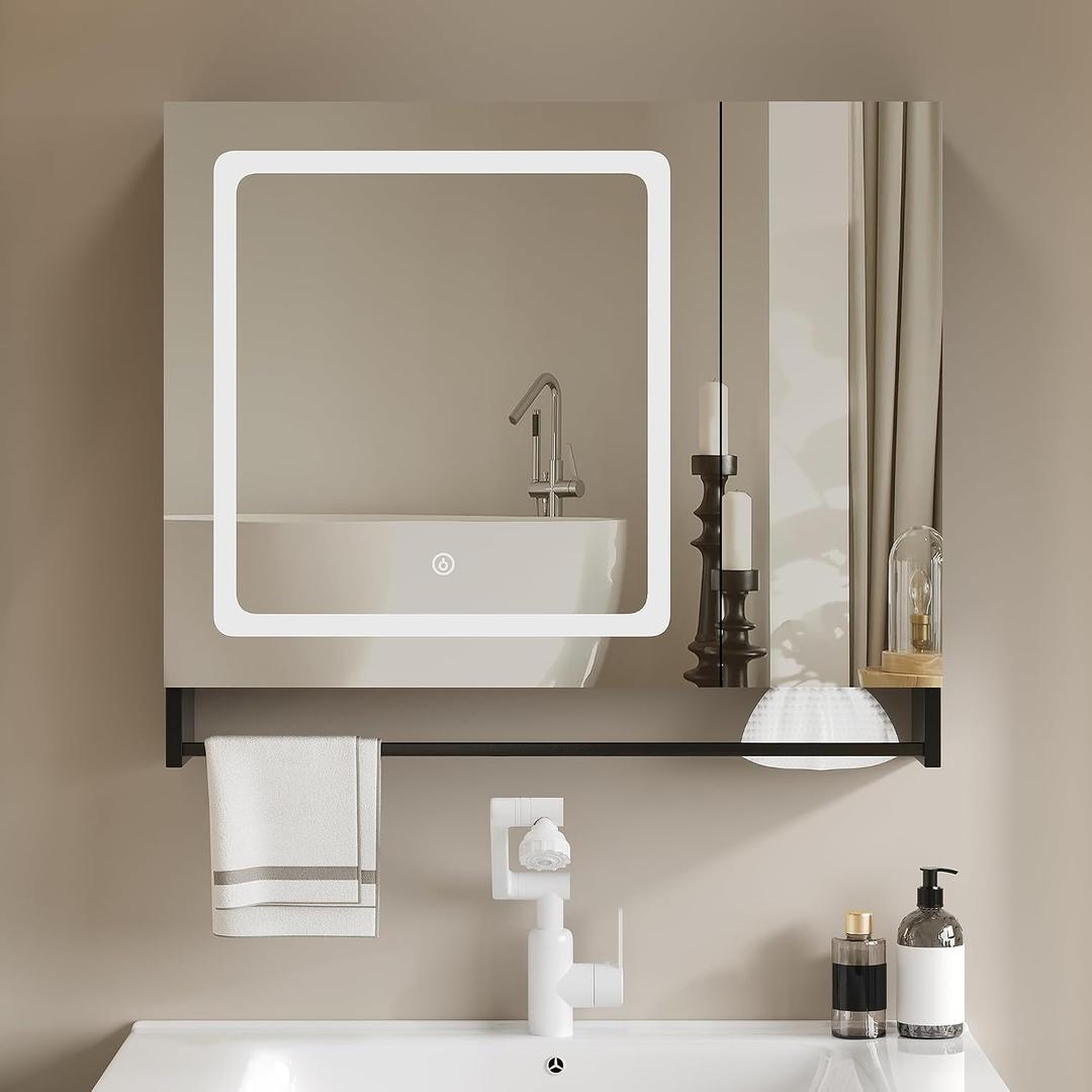 ChooChoo Medicine Cabinet with Mirror and LED Lights for Bathroom, 5.91"D x 27.56"W x 23.62"H