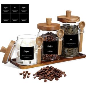 Suclain 3 Pcs Glass Coffee Container with Wooden Lid Spoon Shelf Labels Clear Airtight Jar Food Storage Canister Set for Sugar Spice Coffee Bean Holder Housewarming Gift(13.5,20,25 oz,Acacia Brown)