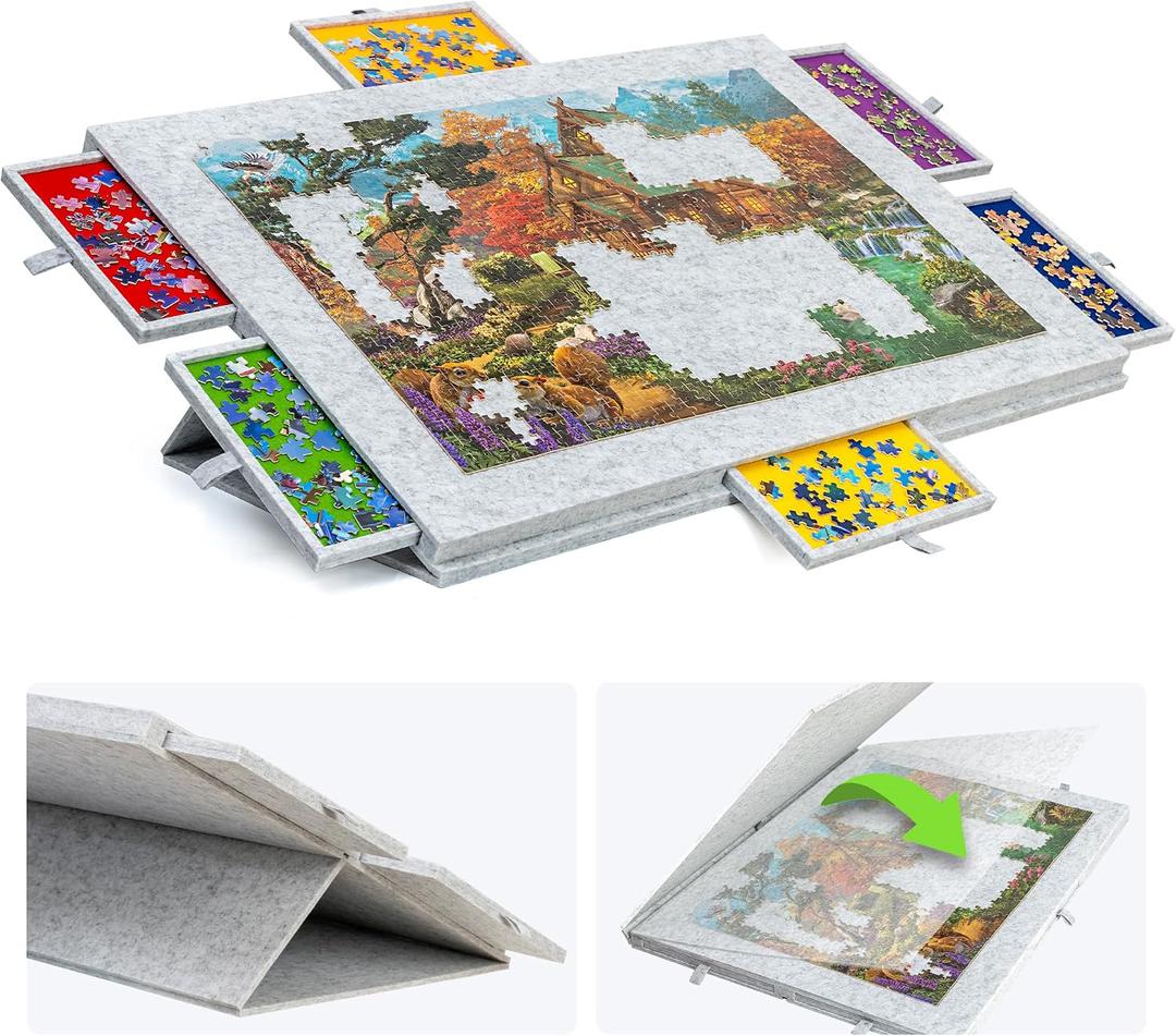 LAVIEVERT 1500 Piece Tilting Jigsaw Puzzle Board with 2-in-1 Stand & Cover, Lightweight Puzzle Boards with 6 Drawers, Portable Felt Jigsaw Storage Table for Adults - Light Gray, 35.4 X 24.4 Inches