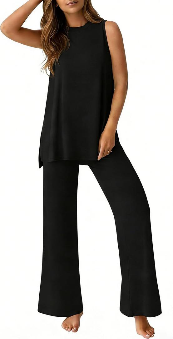PrinStory Womens Pajamas Sets 2 Piece Soft Pjs for Women Sleeveless Pajama Set Summer Loungewear with Pockets (Black, L)