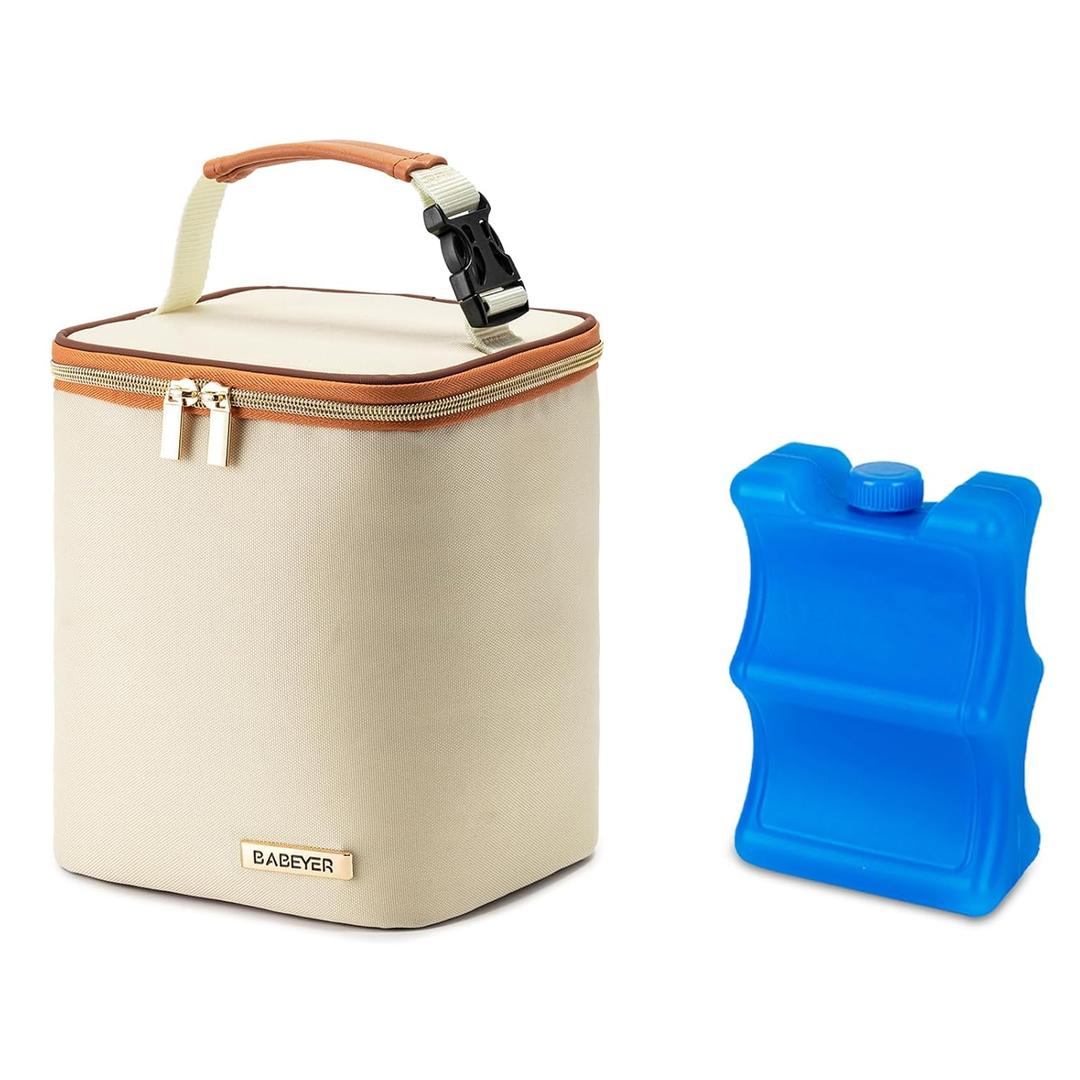 Breastmilk Cooler Bag with Ice Pack Fits 4 Baby Bottles Up to 9 Ounce, Baby Bottle Bag Great for Nursing Mom Daycare (Cream)