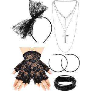 Blulu 80s Fancy Dress Costume Accessories Lace Headband Earrings Fishnet Gloves Necklace Bracelet for 80s Retro Party (Black)