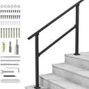 LuckIn 4-Step Handrail for Outdoor Steps, Porch Railing Outdoor, Wrought Iron Handrail for 3 to 4 Steps, for Concrete Steps and Wooden Stairs, Easy Installation & Adjustable Height, Black