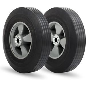 GICOOL 10" x 2.5" Flat-Free Solid Rubber Tire and Wheel 5/8" Axle Bore Hole, 2 1/4" Offset Hub, Replacement 4.10/3.50-4" for Hand Truck Dolly Trolley Garden Wagon Cart Generator, 2 Pack, 10" , Bore Dia.5/8" Plastic Rims