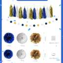 Navy Blue Gold Party Decoration Set 6 Paper Pom Poms, 15 Tassels, 1 Bunting, 1 Garland, 6 Spirals, 15 Latex Balloons Complete Party Decor for Birthday, Graduation,Baby Shower, and Celebrations