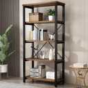 5 Tier Industrial Solid Wood Bookshelf, Open Etagere Bookcase with Metal Frame, Vintage Industrial Style Bookcase/Metal and Wood Bookshelf Furniture (AY01-5tier)