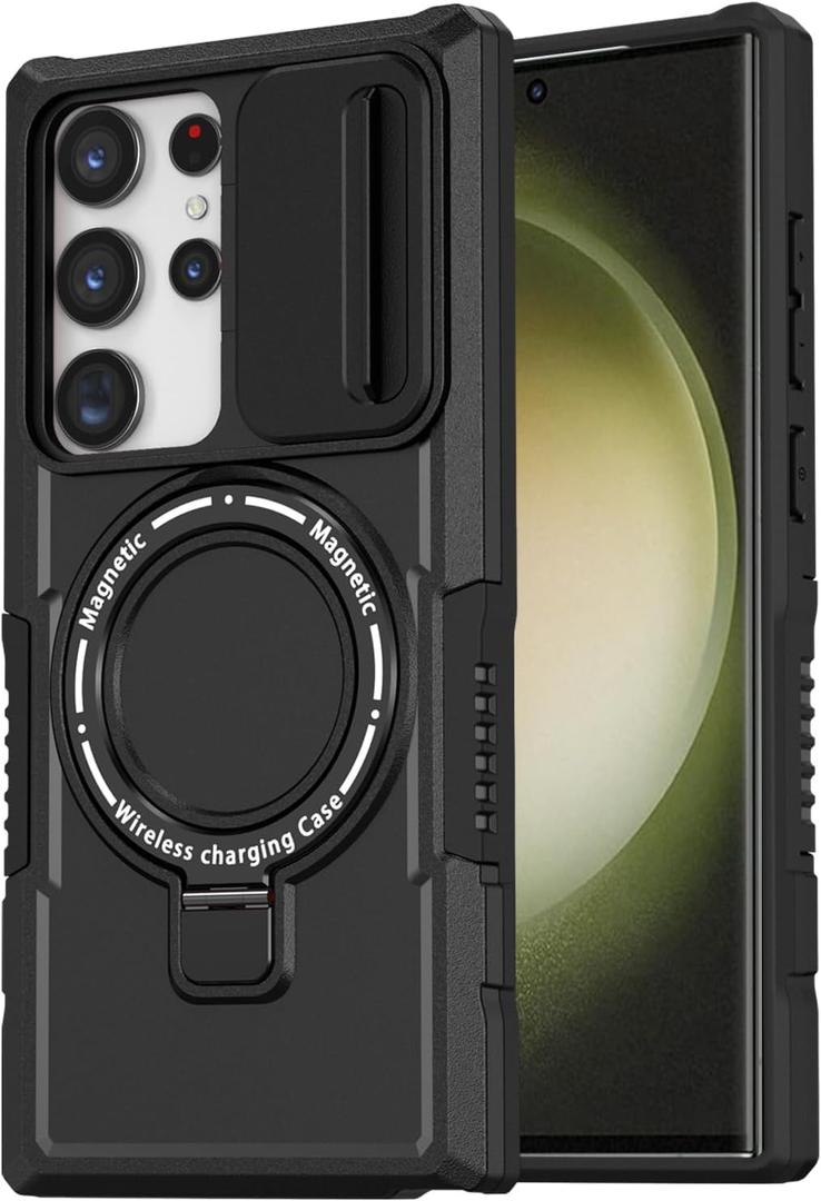 for Samsung Galaxy S23 Ultra Magnetic Case [Compatible with MagSafe] with Camera Cover & Magnetic Ring Kickstand, Military Grade Heavy Duty Case for Samsung S23 Ultra 6.8'', Black