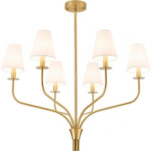 30" Modern Gold Chandelier for Dining Room, 6-Light Brushed Brass Pendant Light Fixture with White Fabric Shade, Ceiling Lighting for Living Room Bedroom Kitchen Island, E12