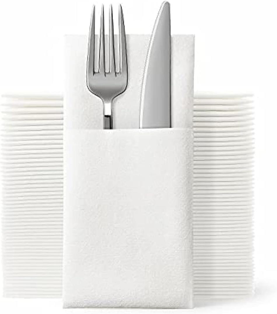 JEBBLAS Disposable Cloth Like Napkins, Built-in Flatware Pocket, Wedding Party Linen Feel White Napkin, Prefolded for Silverware,100 Count (100 Pack)