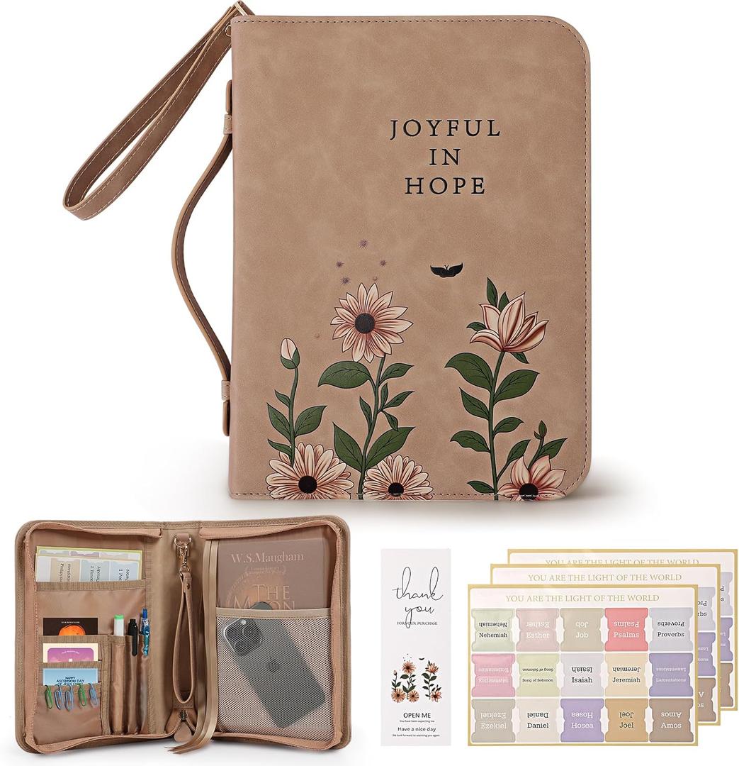 Bible Cover Case, Premium, Leather Carrying Case with Handle&Zippered Pocket for Standard Size and Bible Accessories, Large Bible Bag, Ideal Gift for Women Men Lady Girls (Brown)