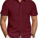 Men's Short Sleeve Dress Shirts Stretch Stain Shield Casual Button Down Shirts Solid Formal Shirt (Large, Burgundy)
