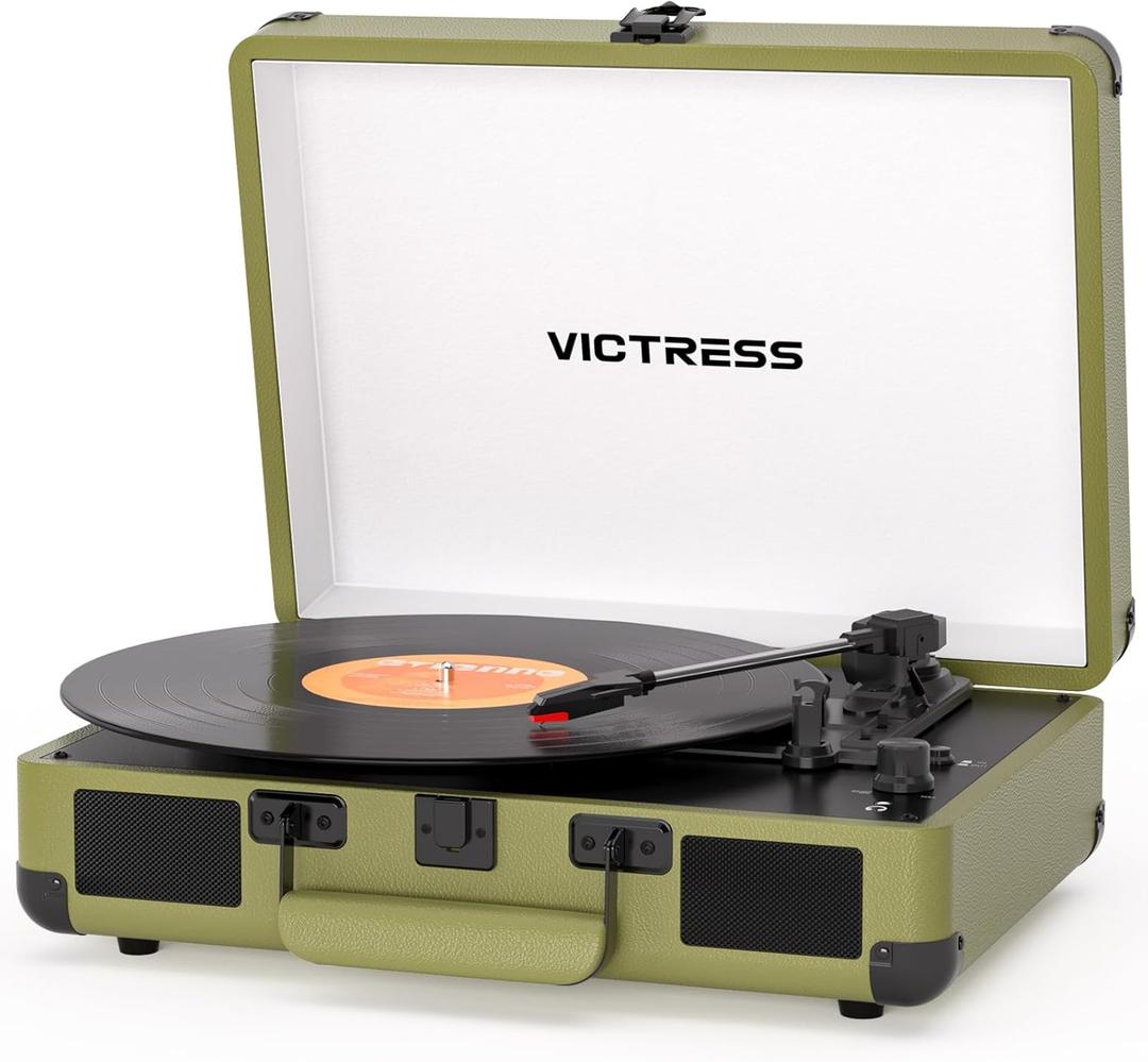 Vinyl Record Player with Bluetooth in/Out, Retro Portable Suitcase Record Player, 3-Speed LP Turntable with USB Vinyl to MP3 Conversion, Stereo Speakers, RCA & Headphone Jack, Olive Green