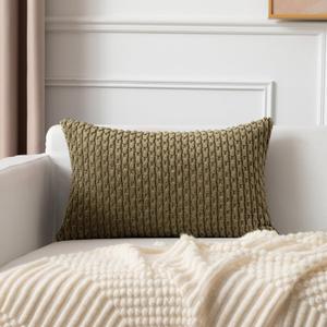 Kevin Textile 12x20 Inch Pillow Cover 1 Pack Boho Decorative Soft Striped Corduroy Lumbar Farmhouse Color Accent Rectangle Cushion Case for Living Room Couch Sofa Bed, Olive Green