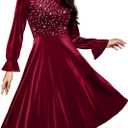 Bbonlinedress Velvet Sequin Cocktail Long Sleeve Dress for Women Velvet Vintage Wedding Guest Midi Dress (Large, Burgundy)