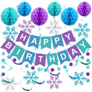 meowtastic Frozen Birthday Party Decorations - Happy Birthday Banner with Honeycomb Balls, Snowflake Hanging Swirls Streamers, Circle Dots Garland Decorations - Birthday Decorations for Boys Girls