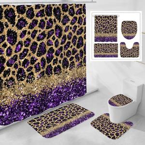 4 Pcs Purple Leopard Print Shower Curtain Set with Non-Slip Rugs, Toilet Lid Cover and Bath Mat, Wild Animal Skin Bathroom Decor Set with Shower Curtain and Rugs(Hooks Not Included)