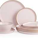 Famiware Saturn Dinnerware Sets, Plates and Bowls Sets for 4, 12 Pieces Stoneware Dish Set - Chip and Scratch Resistant, Microwave and Dishwasher Safe Tableware Set, Light Pink with Rim